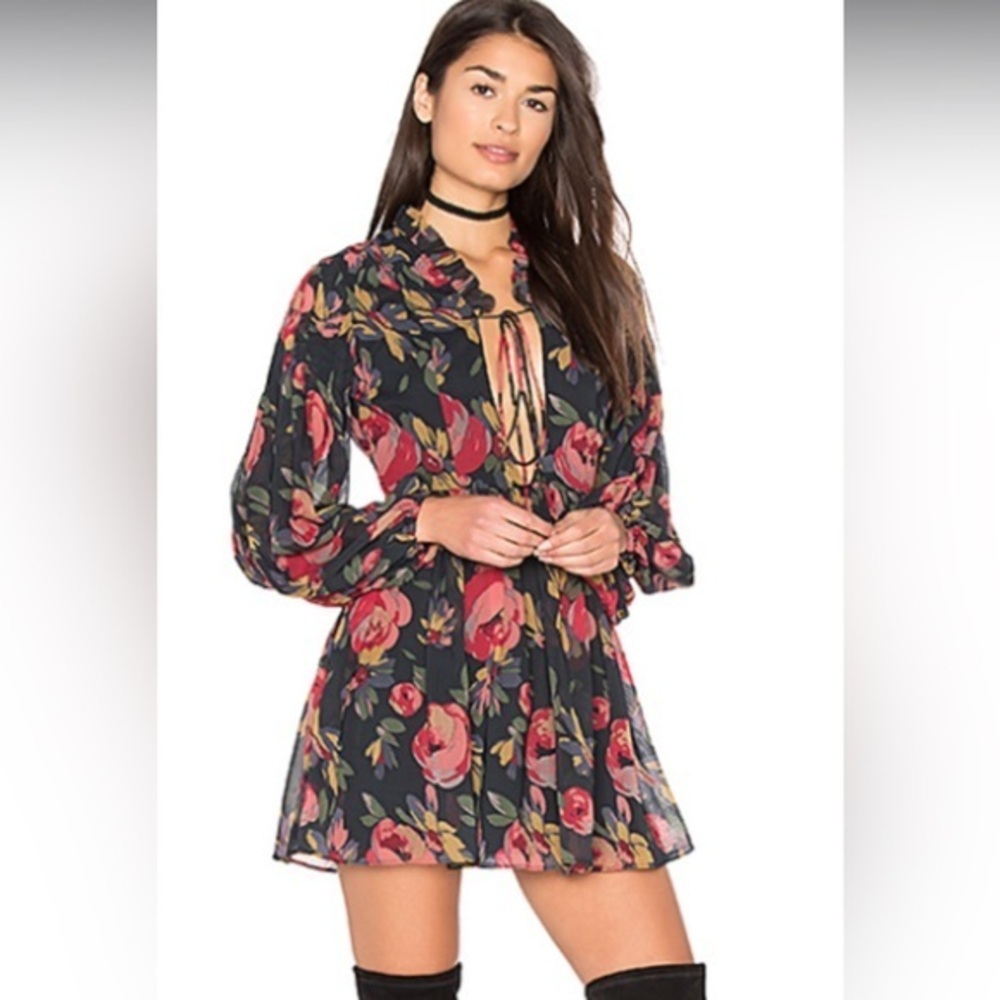 MAJORELLE Floral mini dress long sleeve tie neck size XL